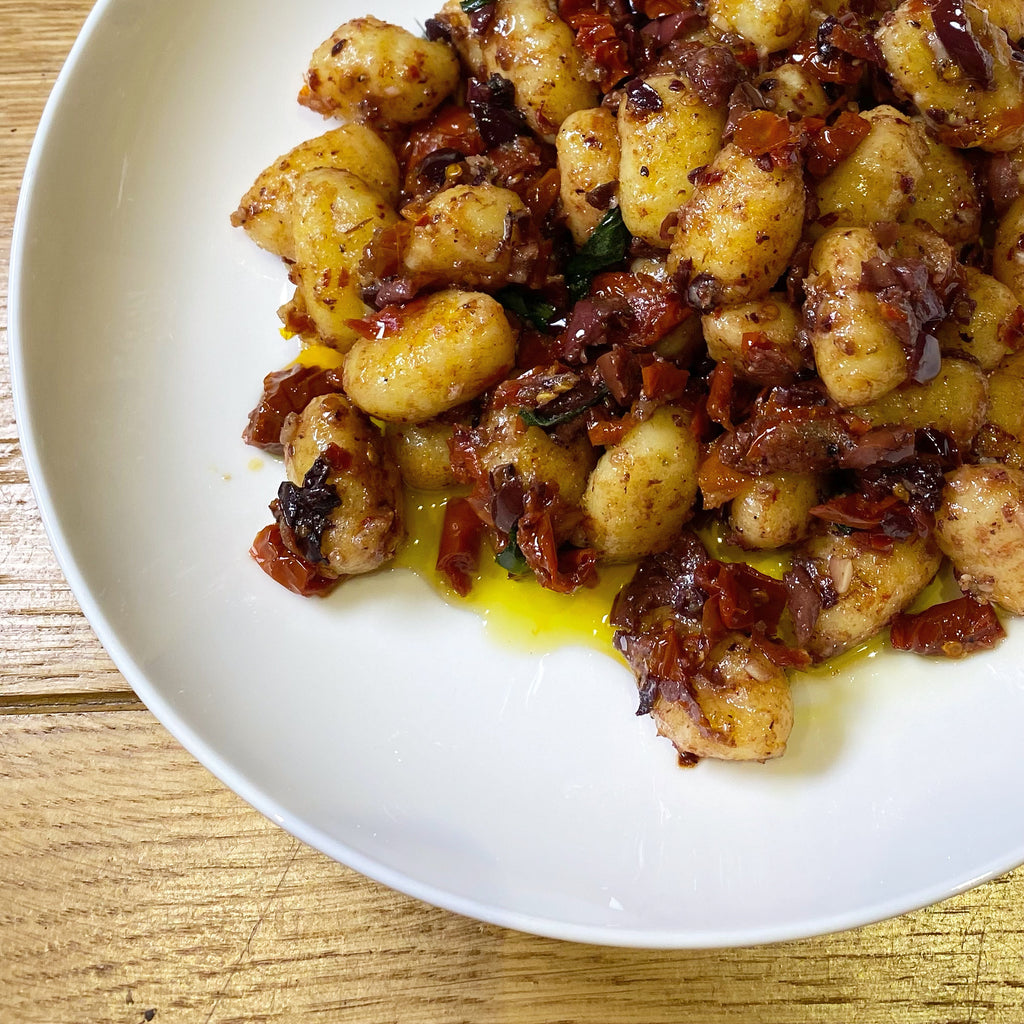Pan fried gnocchi, dried tomatoes & olives